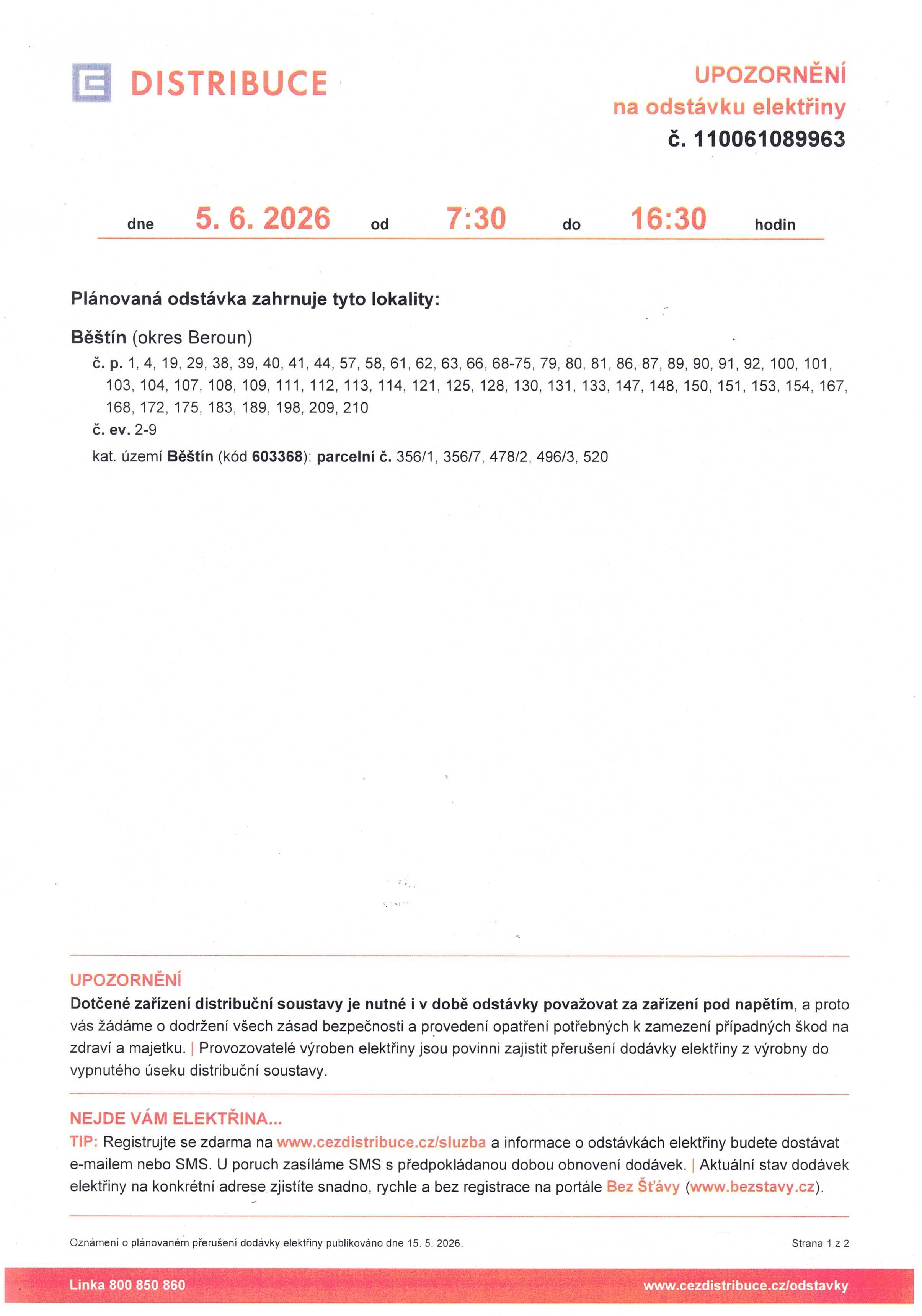 Odstávka elektřiny dne 5.6.2026