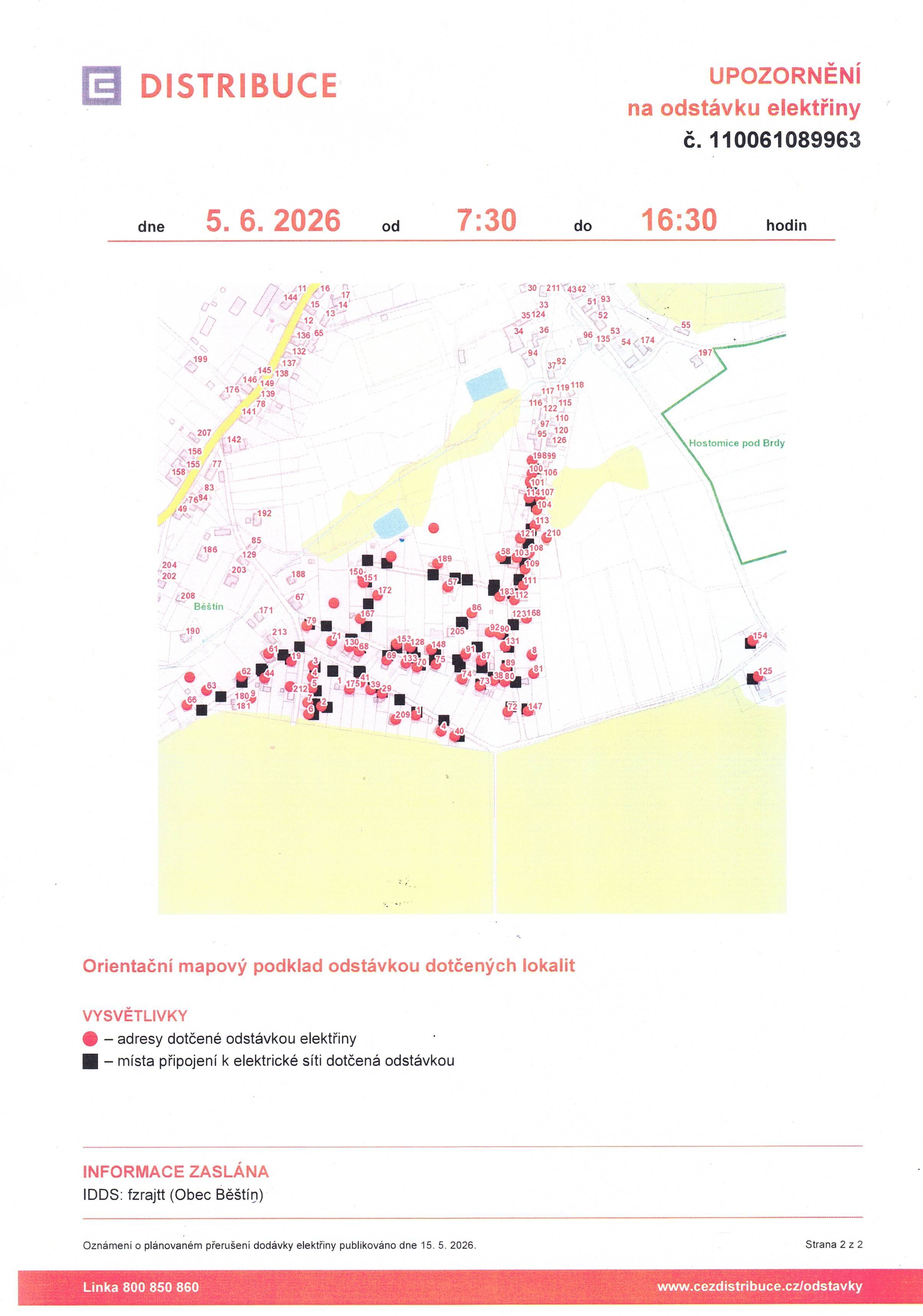 Odstávka elektřiny dne 5.6.2026